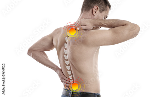 Man swith back and neck pain. Chiropractic concept.. Pain relief, Sport exercising injury photo