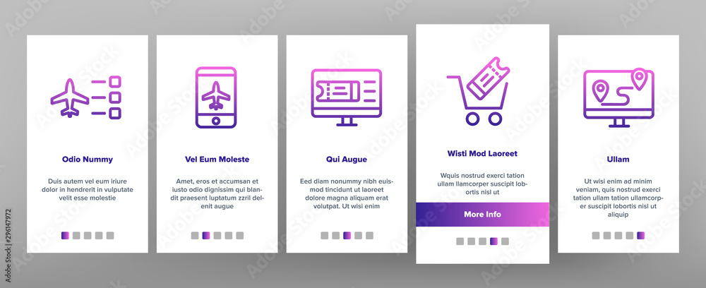 Booking Trip Onboarding Mobile App Page Screen Vector Thin Line. Airplane Direction And Ticket, Suitcase And Badge Booking Details Concept Linear Pictograms. Contour Illustrations