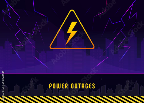 Power outage, banner with lightning on black background of the city without electricity. Warning poster with yellow triangular icon. Storm aftermath