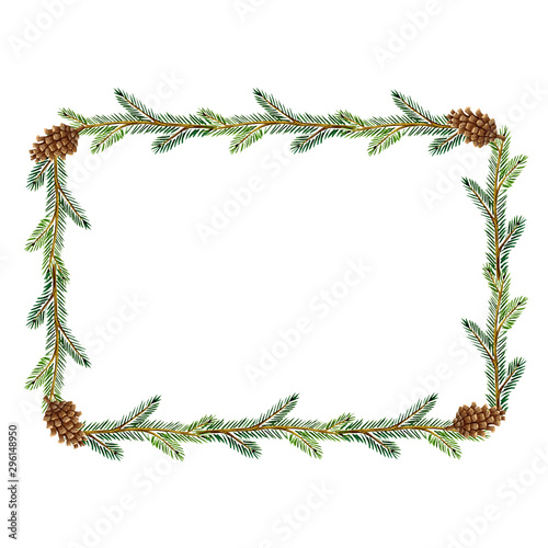 Watercolor frame of pine branches, cones for festive decoration of cards and invitations. Illustration on white background. Christmas and new year design.