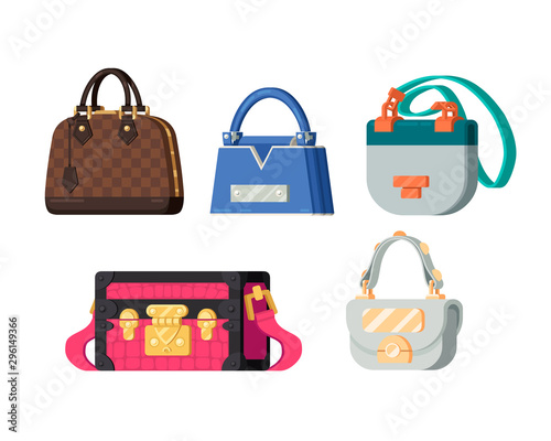 Set of five fashion women bags of different colors and sizes, vector, flat style illustration isolated on white background and ready to use in your design, collection of famous glamour lady handbags.