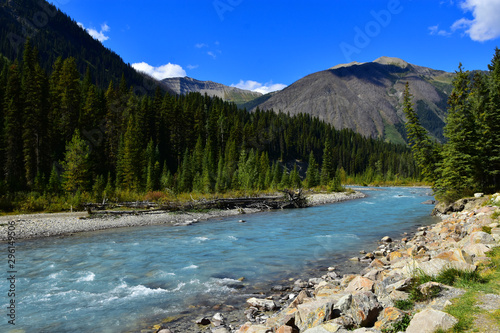 The Bow river meandering by mountains and forests through the bow valley in Banff national park, Alberta, Canada.