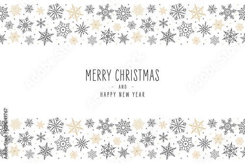 Christmas snowflake elements border card with greeting text seamless pattern background.