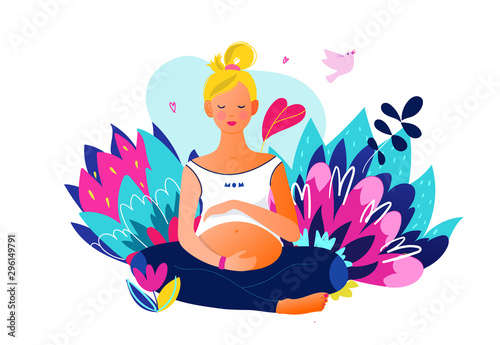 Pregnant woman doing yoga. Active well fitted pregnant female character. Happy pregnancy. Yoga and sport for pregnant. Flat cartoon vector illustration
