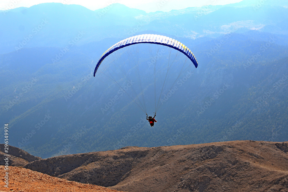 group of paragliders take off from high mountain Tahtali group of paragliders take off from high mountain Tahtali