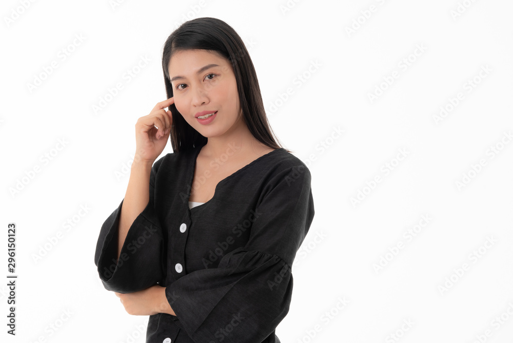 Pretty Asian woman, 27 years old, wearing a black shirt with beautiful eyes, showing signs of thought On white background, to people portrait concept. Pretty Asian woman, 27 years old, wearing a black shirt with beautiful eyes, showing signs of thought On white background, to people portrait concept.