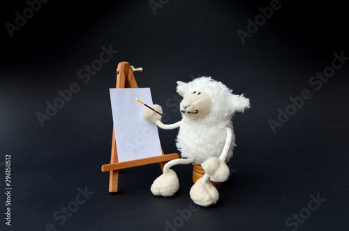 funny sheep painting on a white canvas with a black background.