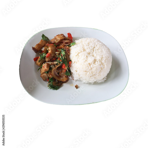 Thai food, fried rice, basil crispy pork white background