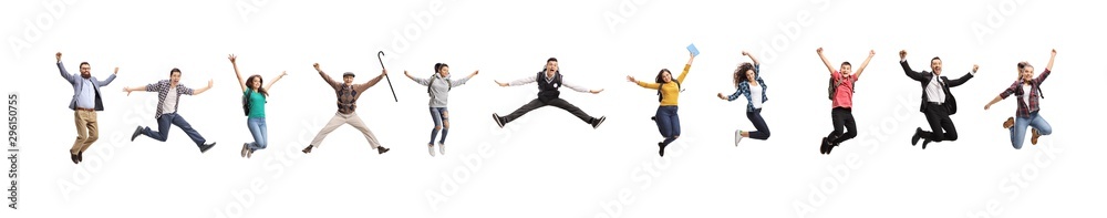 Many young and older people jumping out of happiness