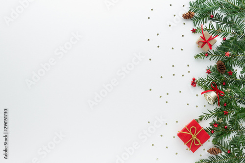 Christmas composition. .Gift bell star bauble top view background with copy space for your text. Flat lay.