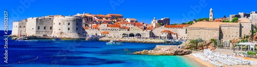 Gorgeous medieval Dubrovnik town - pearl of Adriatic coast in Croatia. Panoramic view with splendid beach