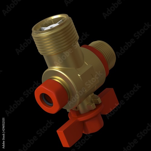 Water tap ball valve with red valve on a black background, isolate. 3D rendering of excellent quality in high resolution. It can be enlarged and used as a background or texture.