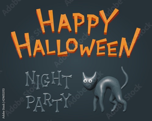 Black spooky cat and greeting Happy Halloween text
