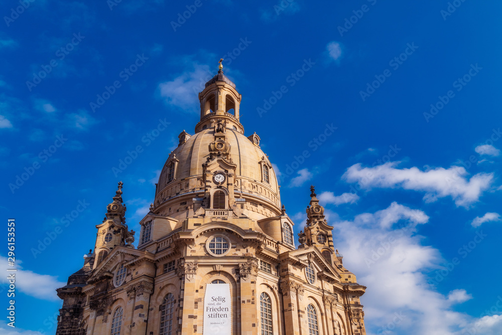 dresdner frauenkirche with blue sky and some clouds in sunlight at day in summer