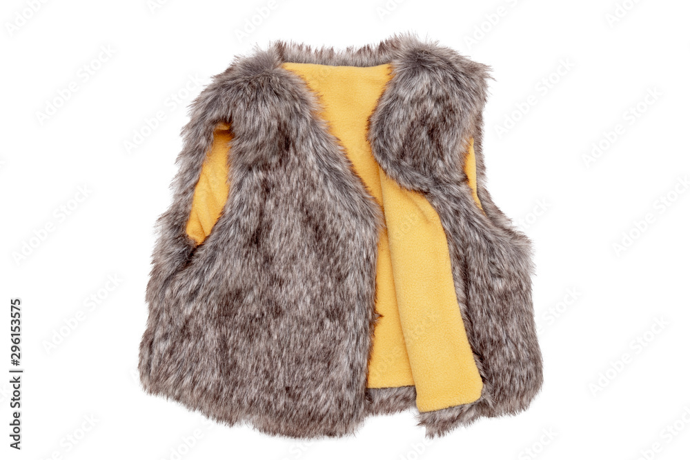 Fur vest. A brown fur vest with yellow wool lining fabric for the little  girl isolated on a white background. Child spring and autumn fashion. foto  de Stock | Adobe Stock