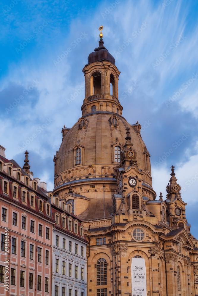 frauenkirche in dresden with blue sky and some clouds at sunset in summer