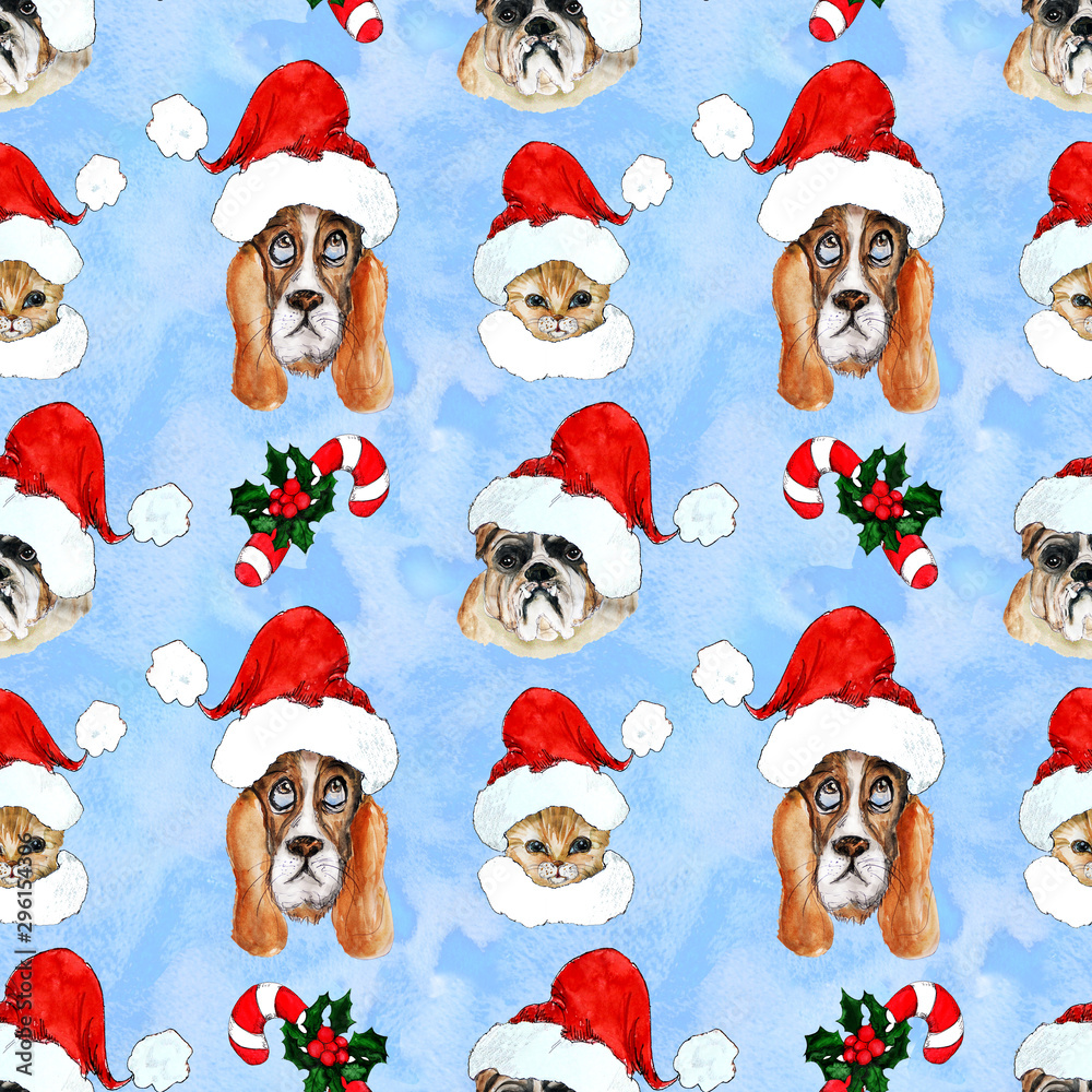Watercolor hand drawn artistic colorful Christmas traditional vintage seamless pattern with pets in Santa hats
