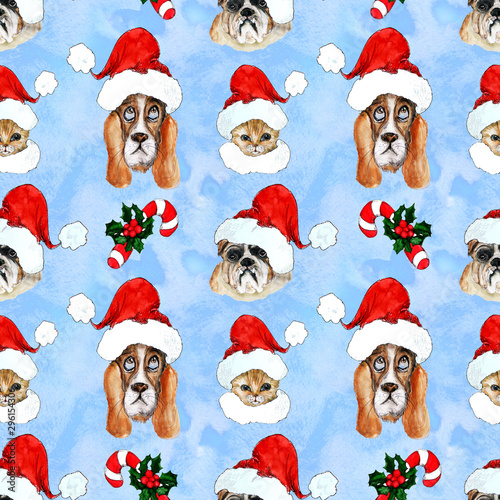 Watercolor hand drawn artistic colorful Christmas traditional vintage seamless pattern with pets in Santa hats © onanana