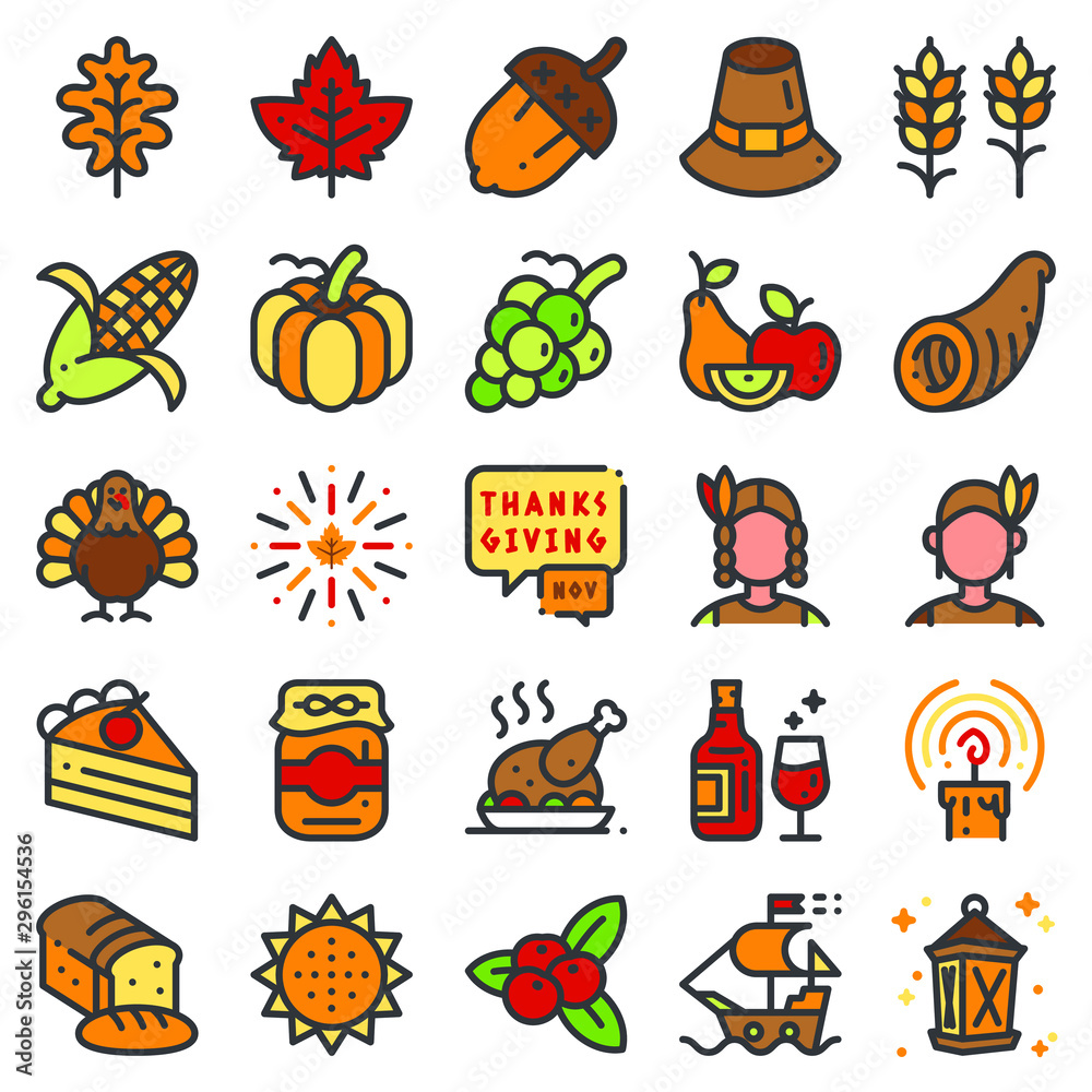 Thanksgiving day color line icon set.