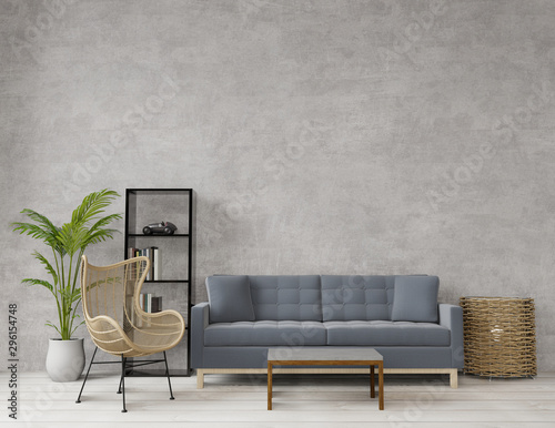 Fototapeta Naklejka Na Ścianę i Meble -  3D rendering Loft style living room with raw concrete ,wooden floor,big window empty wall for copy space