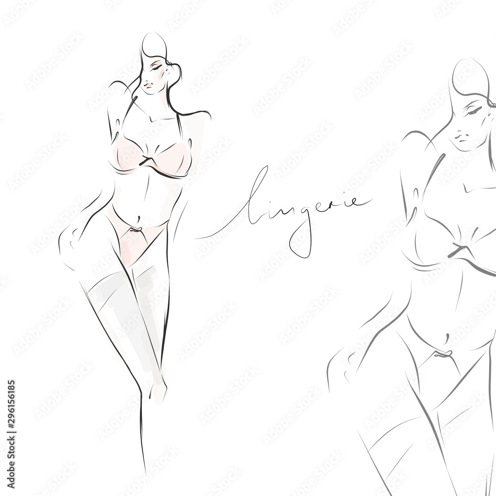 Young woman in lingerie. Silhouette of slender female body. Hand-drawn illustration. Vector