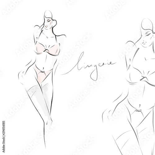 Young woman in lingerie. Silhouette of slender female body. Hand-drawn illustration. Vector