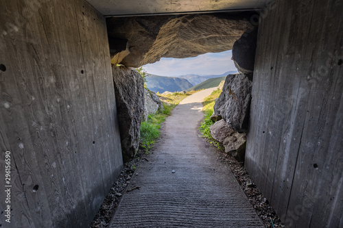 Vedahaugane resting point rest stop area. Entrance to underground cave with artificial bear den. National Tourist Route Aurlandsfjellet. photo