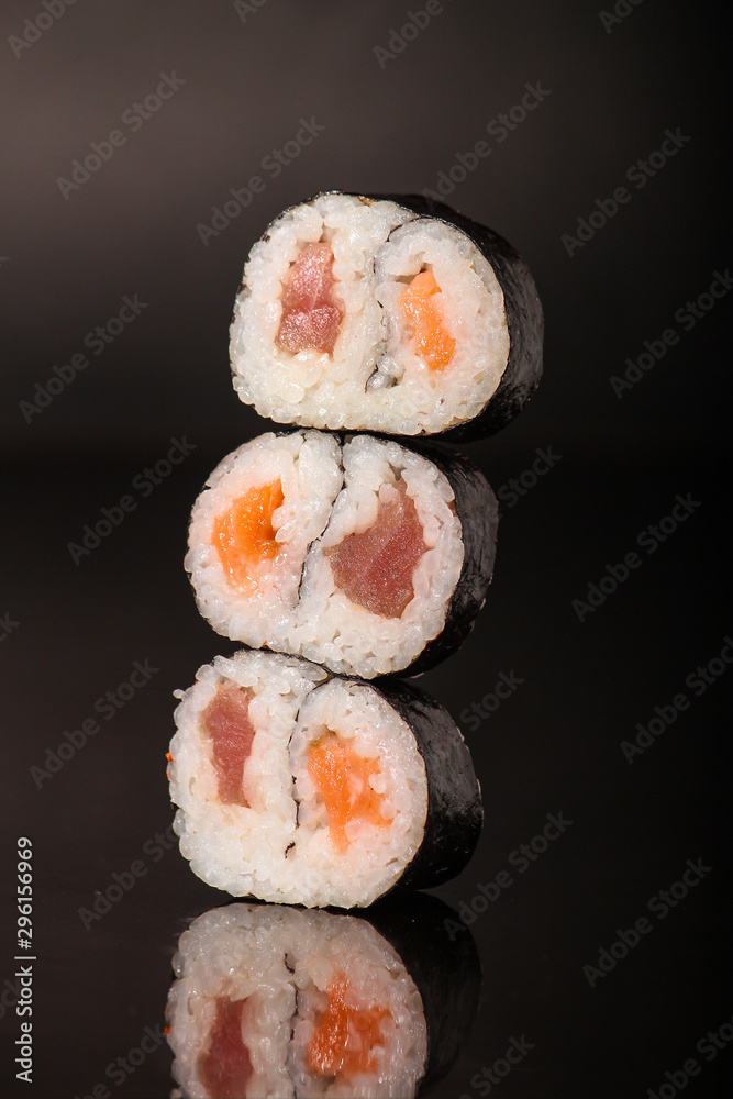 sushi rolls, traditional Japanese food (rice, nori and seafood) menu concept. food background. copy space. Top view