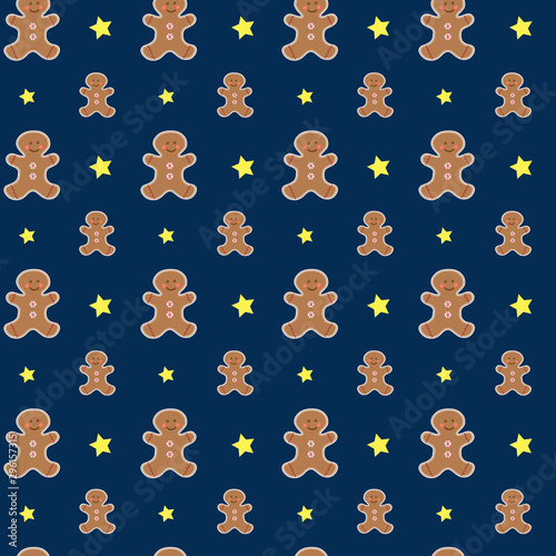 Seamless christmas pattern with gingerbread man stars on a blue background. Cute vector illustration.