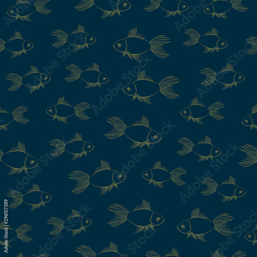 Beautiful vector seamless blue pattern with gold fish. Texture with colorful lines, shapes. Poster for your business design.