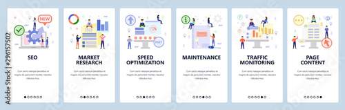 Mobile app onboarding screens. Digital and seo marketing, speed optimization, traffic monitoring. Menu vector banner template for website and mobile development. Web site design flat illustration
