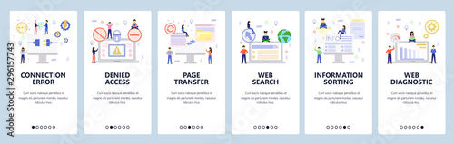 Mobile app onboarding screens. Connection plug, denied access, data sync, global search. Menu vector banner template for website and mobile development. Web site design flat illustration