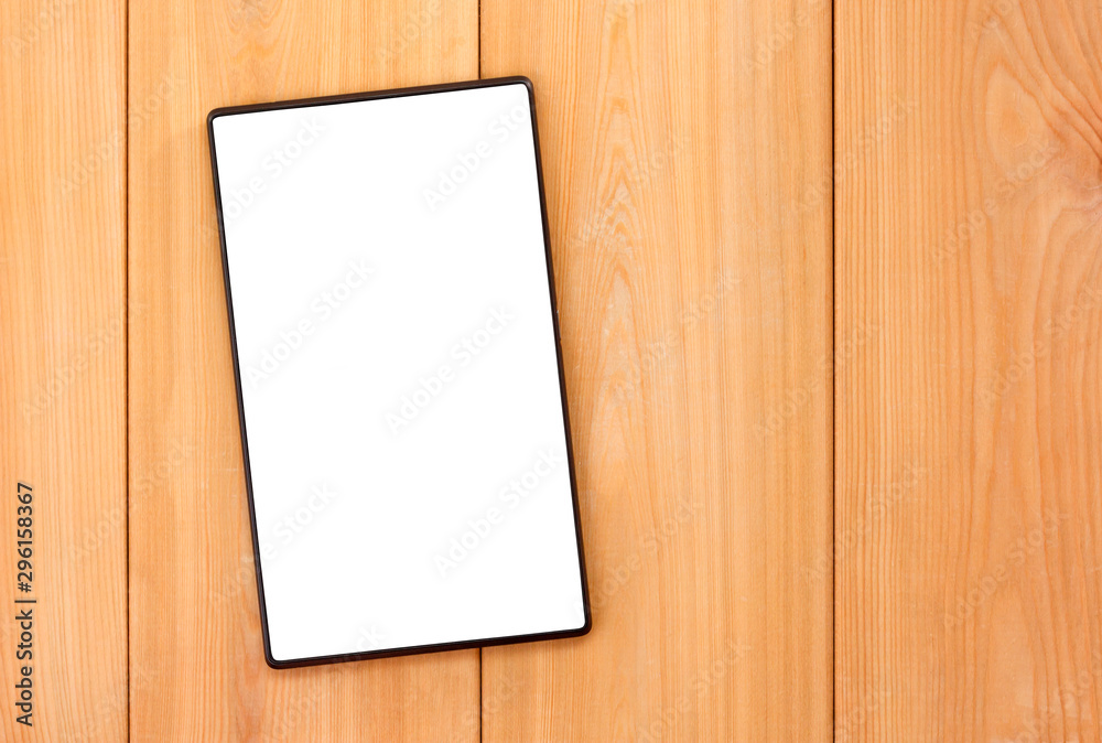 Tablet pc with empty blank white screen on wooden background. Mockup Tablet pc with empty blank white screen on wooden background. Mockup