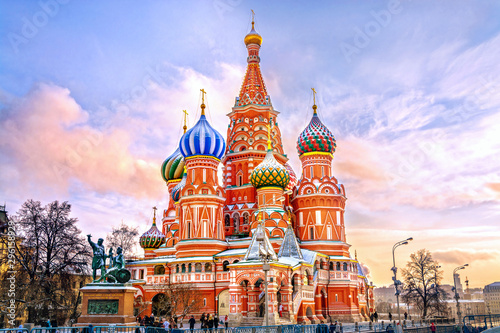 Saint Basil's Cathedral in Red Square in winter at sunset, Moscow, Russia.