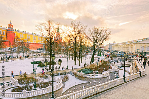 View of the Alexander Garden near Moscow Kremlin on Manezh Square in winter sunset