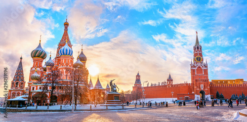 View of the Moscow Kremlin and Cathedral of St. Basil at the Red Square at sunset winter in Moscow, Russia