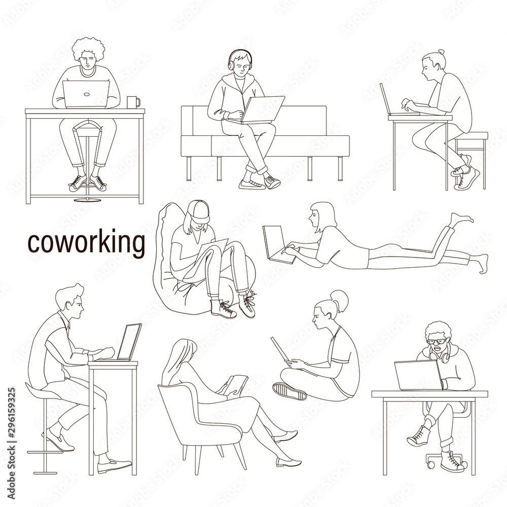 Line drawing of people outside the office in coworking. Line drawing of people outside the office in coworking.