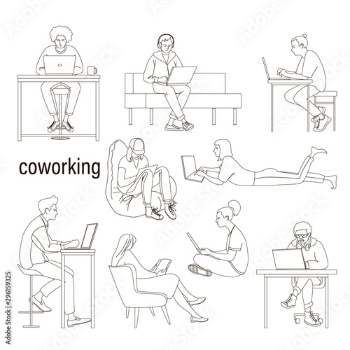 Line drawing of people outside the office in coworking.
