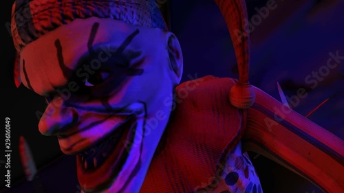 Creepy seamless animation of an horror clown running with knives around. Halloween background of a terror character  photo