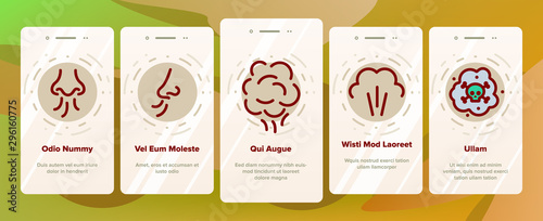 Smell Cloud Onboarding Mobile App Page Screen Vector Thin Line. Smell Of Cooking Food Vapour Smoke, Gas Steam And Human Smelling Concept Linear Pictograms. Contour Illustrations