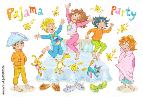 Pajama party. Funny children in pajamas play and jump on the bed. In cartoon style. Isolated on a white background. Vector illustration.