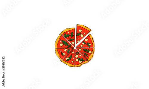 Margherita pizza vector illustration. Flat line art pizza Margherita with tomato sauce, rucola leafs, mozzarella cheese. Isolated on white.