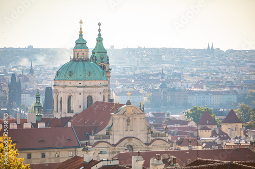 Aerial view of Prague city with red roofs and cathedral in the early morning, Prague, Czech Republic
