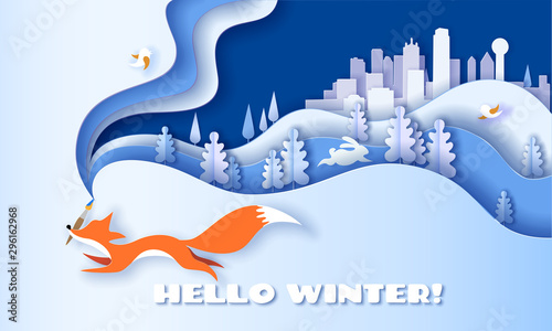 Horizontal banner Hello winter with Fox running