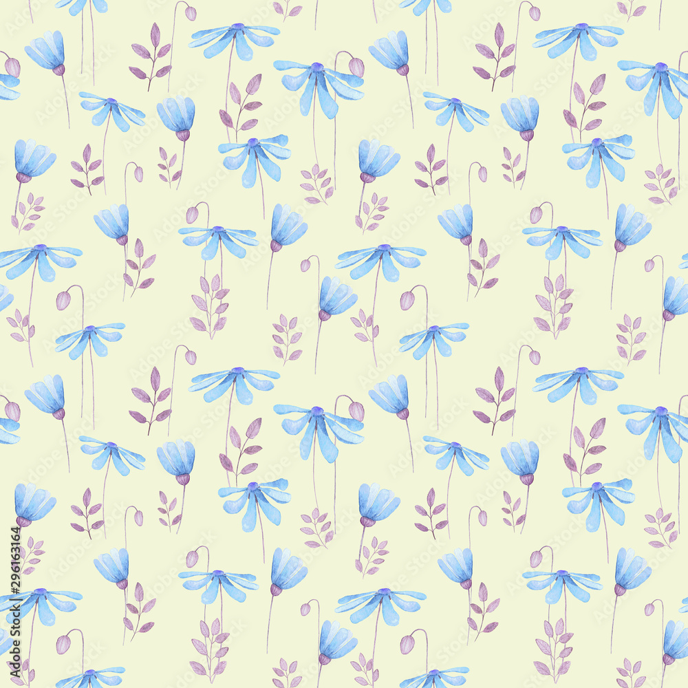 Watercolor drawing.cute repeating pattern of simple wildflowers. Can be used in children's decor, textiles, packaging. Decorated in delicate blue and yellow tones. Watercolor drawing.cute repeating pattern of simple wildflowers. Can be used in children's decor, textiles, packaging. Decorated in delicate blue and yellow tones.