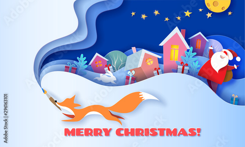 Horizontal banner Merry Christmas with Fox running