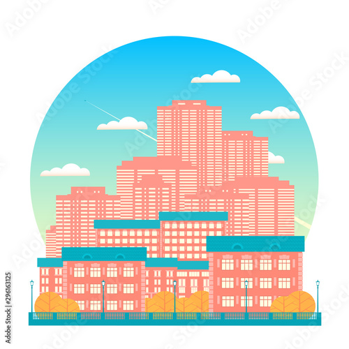 Autumn big city with skyscrapers. Against the background of a blue sky with clouds, an airplane flies. Flat isolated vector illustration.