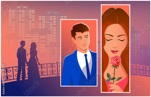 Beautiful couple in the night city. Silhouette of lovers in the distance. And separately, a close-up of a man and a woman with a gift of a rose. Vector illustration about love in comic style.