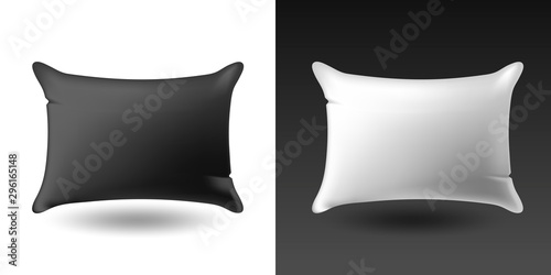 Set of white and black pillows. Realistic mock up soft square, comfortable pillow. Isolated vector object on a white and black background. Product for banners, cards, brochures and booklets.