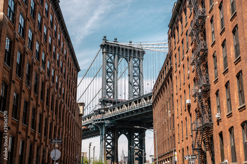 View of one of the towers of the Manhattan Bridge from the streets of the DUMBO district, Brooklyn, NYC  © FitchGallery